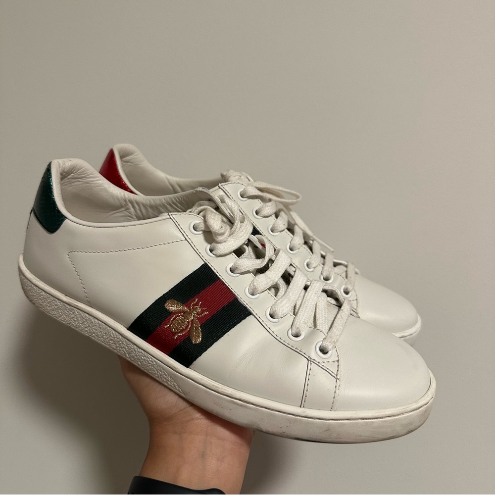 Gucci Ace Sneakers with Embroidered Bee - White Leather